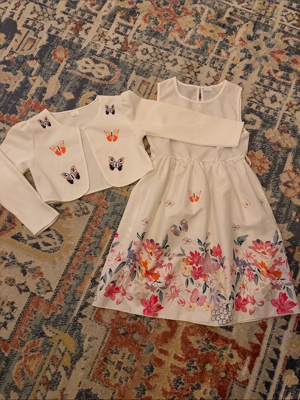 Girls' White Floral & Butterfly Party Dress with Matching Jacket